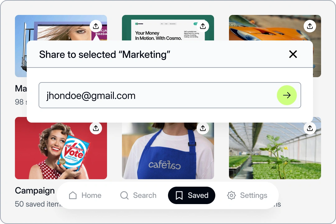 Screenshot of the Socialmon app, showing an example of a inspiration board called "Marketing", which can be shared with team members by entering email addresses.