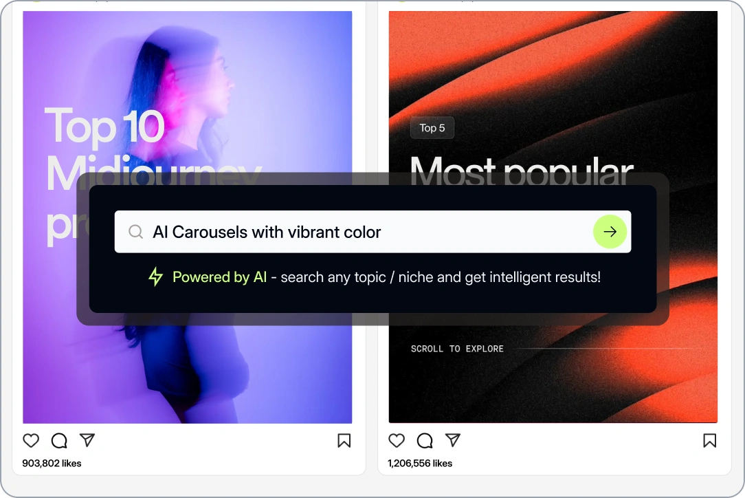 2 sample viral social media posts output by Socialmon's AI-powered search, for the keywords "AI Carousels with vibrant color". First one shows an aesthetic AI carousel about "Top 10 Midjourney prompts", and the other one shows an aesthetic AI carousel about "Most popular AI tools".