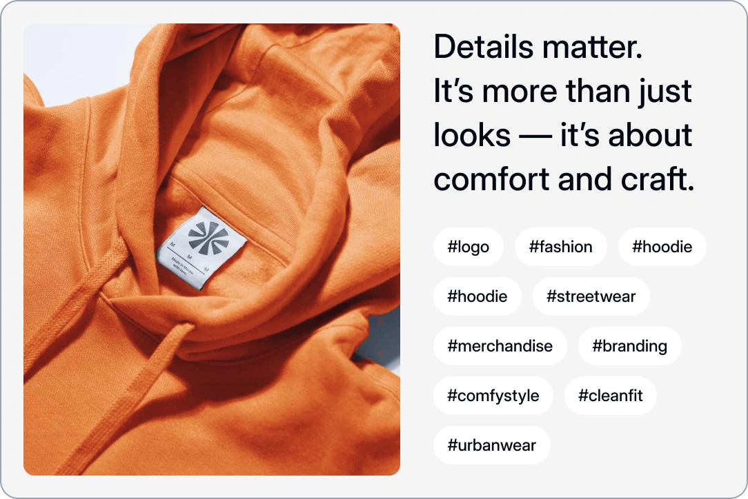 Example of how AI tags work for a post on an orange hoodie - with example tags such as #logo, #fashion.